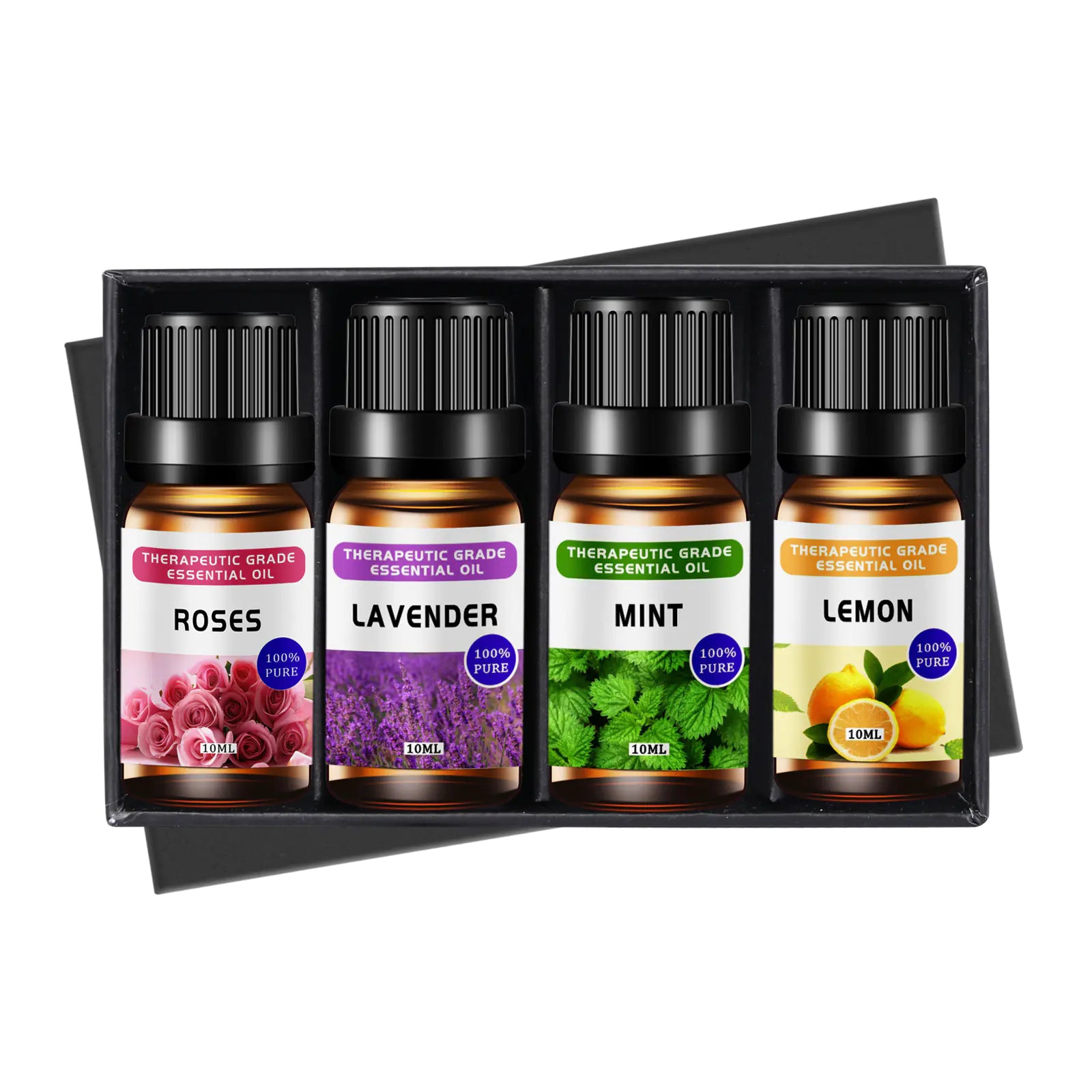 Aromatherapy essential oil set: pure, single-note oils to promote well-being and peace of mind.