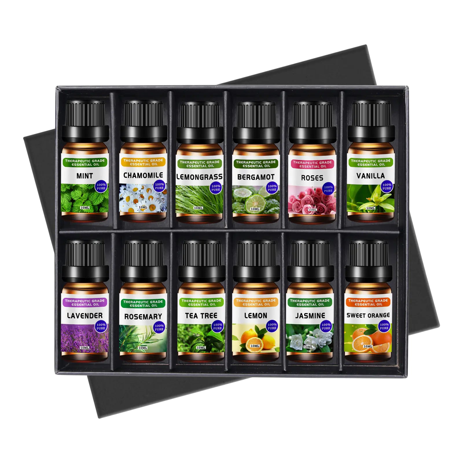 Aromatherapy essential oil set: pure, single-note oils to promote well-being and peace of mind.